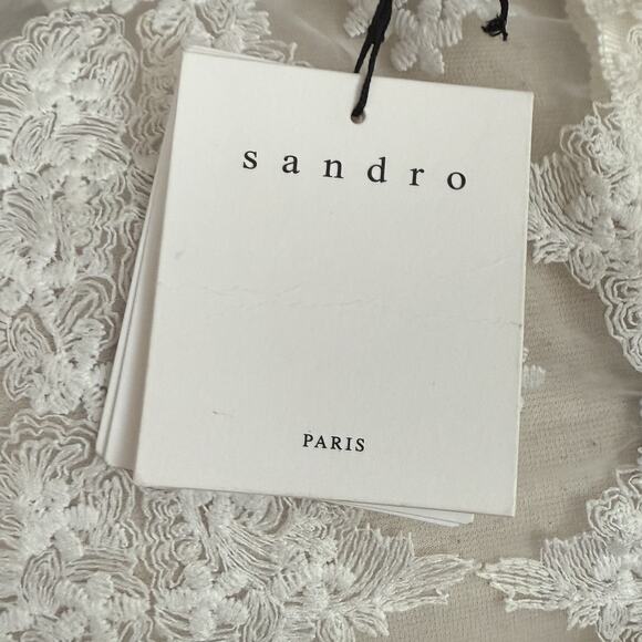 SANDRO Esperance Blouse Top Sz M NEW $280 White Sheer w Lace Puffed Short Sleeve - Picture 7 of 10